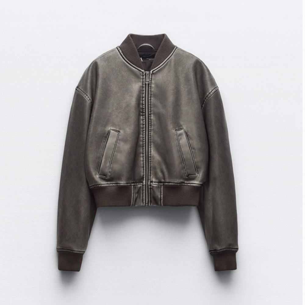 Zara distressed faux Leather Bomber Jacket